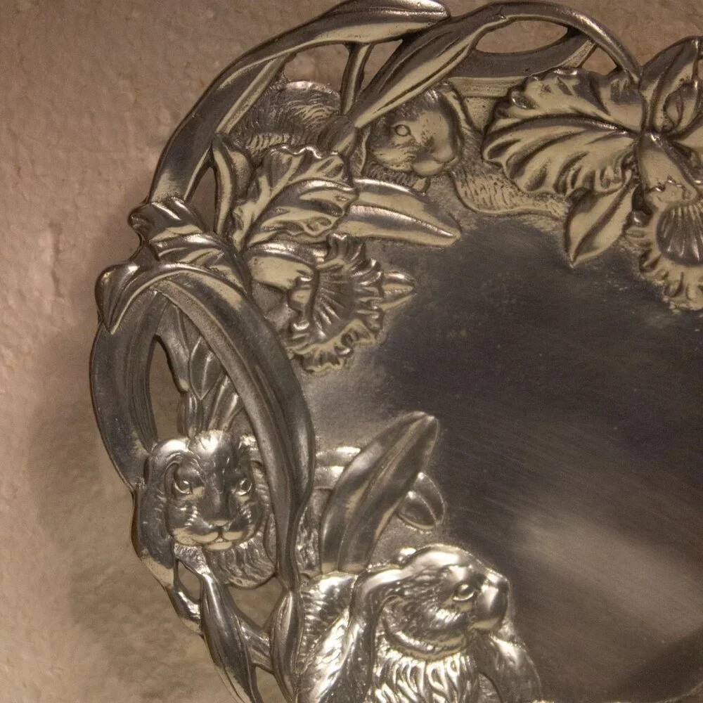Vintage Arthur Court Heart Plate with Bunnies and Orchids Aluminum 10 Inch